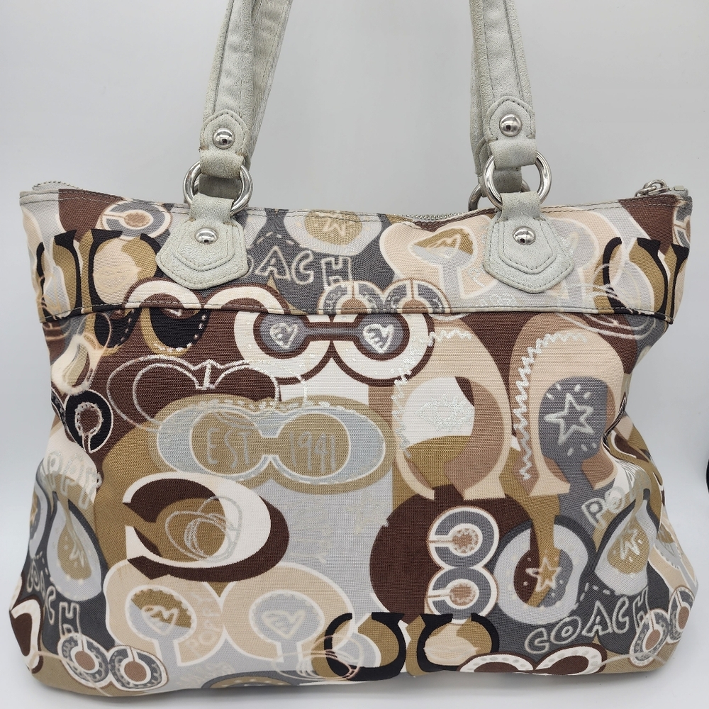 Coach Poppy Graffiti Glam Tote Canvas Silver Cream Tan Brown FLAWS - Picture 14 of 15